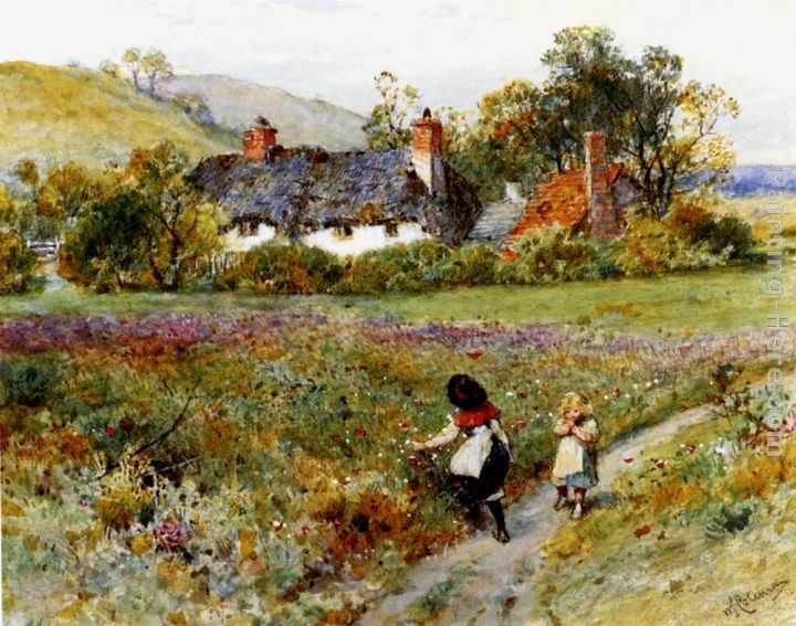 William Stephen Coleman Children Playing On A Path, Cottages Beyond